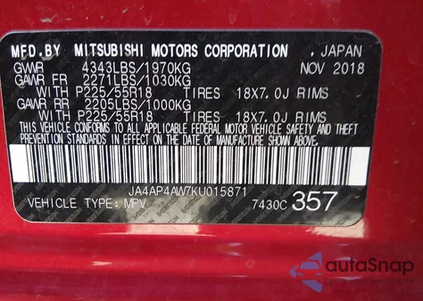 2019 Mitsubishi Outlander Sport 2.4 Gt from USA, damaged, VIN JA4AP4AW7KU015871